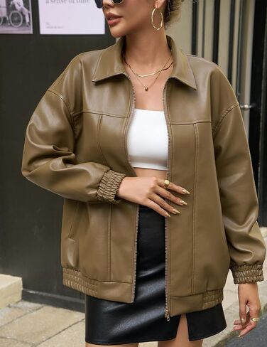 Women's Oversized Leather Jacket, Casual Soft Faux Leather Zip Motorcycle Coat With Pocket 2025 Fall Fashion in Kuwait