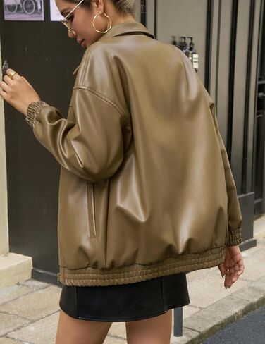 Women's Oversized Leather Jacket, Casual Soft Faux Leather Zip Motorcycle Coat With Pocket 2025 Fall Fashion in Kuwait