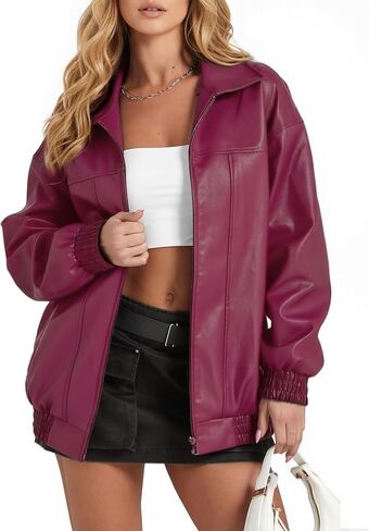 Women's Oversized Leather Jacket, Casual Soft Faux Leather Zip Motorcycle Coat With Pocket 2025 Fall Fashion in Kuwait