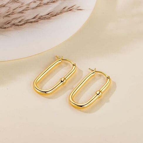 Gold Earrings for Women 14k Gold Hoop Earrings for Women Square Hoop Earring for Womens Square Oval-Shaped Design with A Small Round Bead Dainty Hoops Earring for Womens Hoops Trendy 33mm in Saudi Arabia