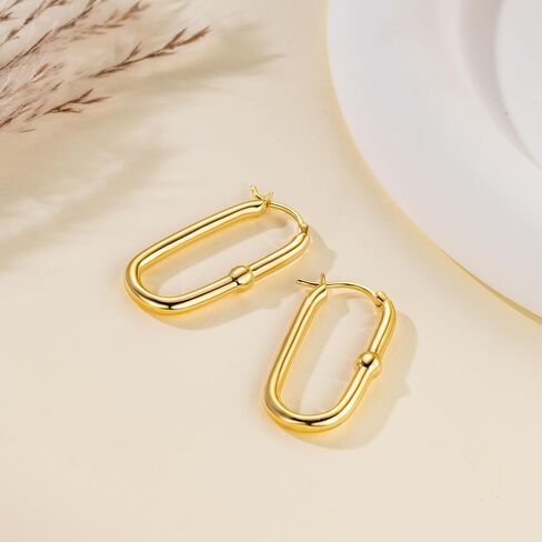 Gold Earrings for Women 14k Gold Hoop Earrings for Women Square Hoop Earring for Womens Square Oval-Shaped Design with A Small Round Bead Dainty Hoops Earring for Womens Hoops Trendy 33mm in Saudi Arabia