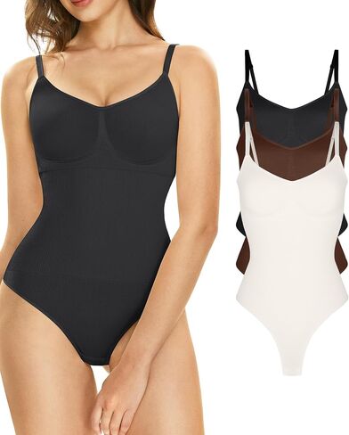 Lover-Beauty 3 Pack Bodysuits for Women Ribbed Thong V Neck Sculpting Shapewear in Saudi Arabia