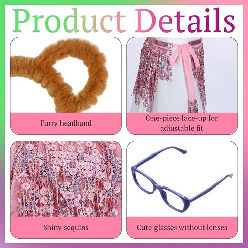 7 Pcs Halloween Animal Costumes Set Include Ear Headbands Sequin Tassel Skirt Purple Frame Glasses Dancer for Women Adult Halloween Cosplay Party Accessory in Saudi Arabia