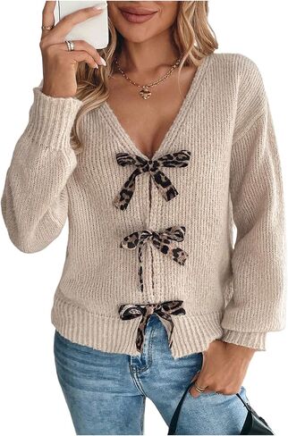 GORGLITTER Women's Leopard Bow Cropped Cardigan Lightweight Y2K Cheetah Long Sleeve Knit Sweater Fall Fashion Trendy 2025 in Saudi Arabia
