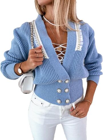 CHICME Cardigan for Women 2025 V Neck Long Sleeve Pearl Beaded Knitted Cardigan Sweaters in Saudi Arabia
