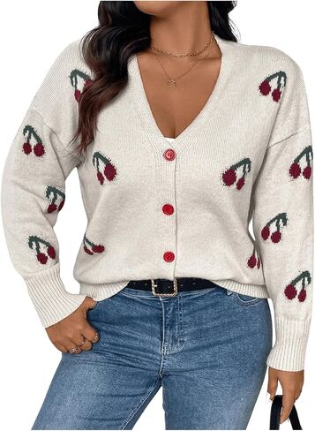 OYOANGLE Women's Plus Size Cherry Print Cardigan Sweater V Neck Button Up Sweater Jacket Fall Winter Coats in Saudi Arabia