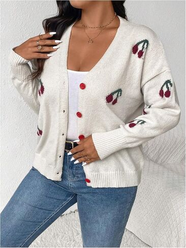 OYOANGLE Women's Plus Size Cherry Print Cardigan Sweater V Neck Button Up Sweater Jacket Fall Winter Coats in Saudi Arabia