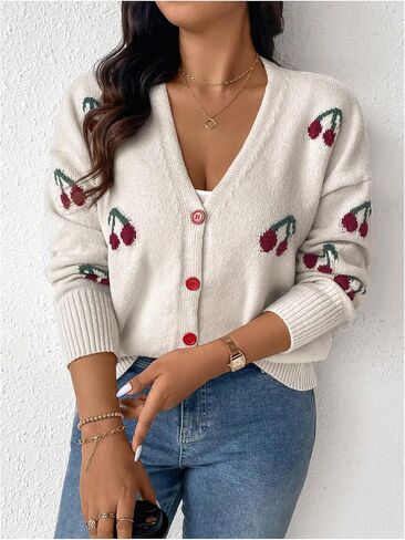OYOANGLE Women's Plus Size Cherry Print Cardigan Sweater V Neck Button Up Sweater Jacket Fall Winter Coats in Saudi Arabia