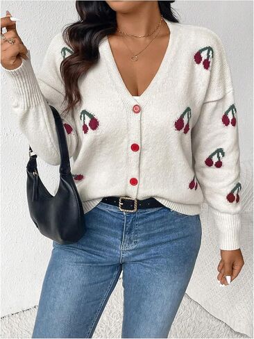 OYOANGLE Women's Plus Size Cherry Print Cardigan Sweater V Neck Button Up Sweater Jacket Fall Winter Coats in Saudi Arabia