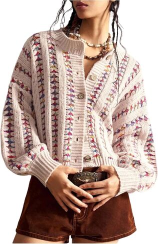 Milumia Women's Boho Striped Knit Cropped Cardigan Long Sleeve Button Up Sweater Jackets in Saudi Arabia