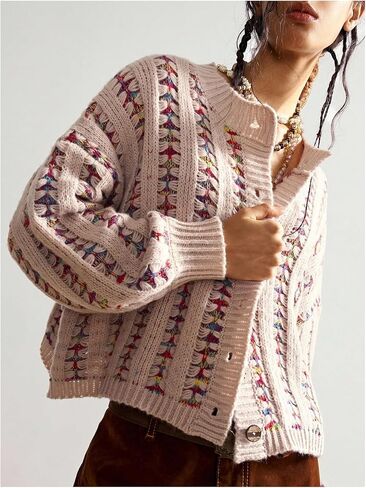 Milumia Women's Boho Striped Knit Cropped Cardigan Long Sleeve Button Up Sweater Jackets in Saudi Arabia
