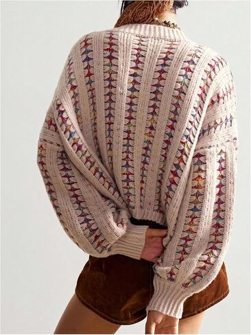 Milumia Women's Boho Striped Knit Cropped Cardigan Long Sleeve Button Up Sweater Jackets in Saudi Arabia
