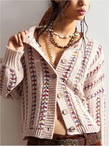 Milumia Women's Boho Striped Knit Cropped Cardigan Long Sleeve Button Up Sweater Jackets in Saudi Arabia