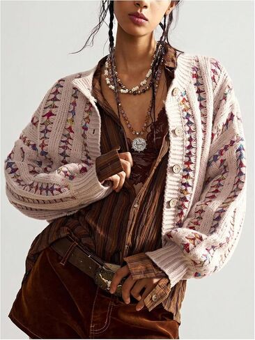 Milumia Women's Boho Striped Knit Cropped Cardigan Long Sleeve Button Up Sweater Jackets in Saudi Arabia