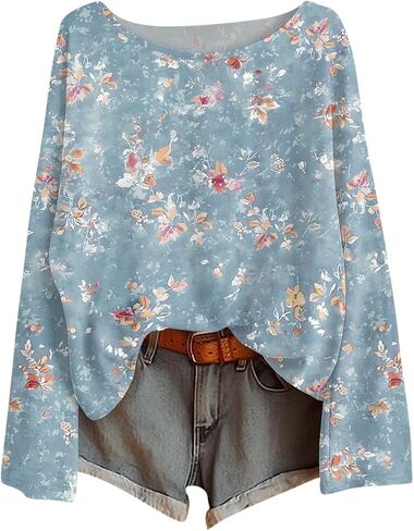 Long Sleeve Shirts for Women Fall Vintage Floral ​Print Casual Blouses Loose Fit Tunic Tops Cute Halloween Shirts in Saudi Arabia