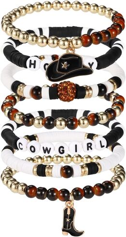 7pcs Howdy Cowgirl Beaded Bracelets, Stackable Western Beaded Bracelets with Cowgirl Hat and Boots Charms Y2K Style Outfit Accessories Jewelry for Friends Family Women Gift (Black) in Saudi Arabia