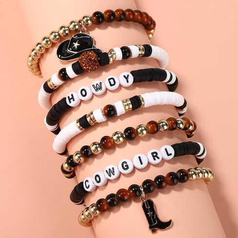 7pcs Howdy Cowgirl Beaded Bracelets, Stackable Western Beaded Bracelets with Cowgirl Hat and Boots Charms Y2K Style Outfit Accessories Jewelry for Friends Family Women Gift (Black) in Saudi Arabia