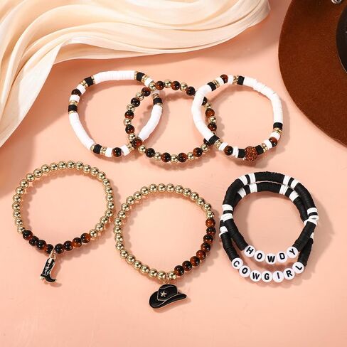 7pcs Howdy Cowgirl Beaded Bracelets, Stackable Western Beaded Bracelets with Cowgirl Hat and Boots Charms Y2K Style Outfit Accessories Jewelry for Friends Family Women Gift (Black) in Saudi Arabia
