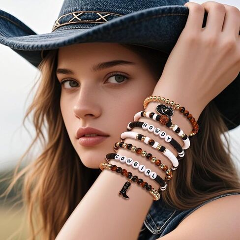 7pcs Howdy Cowgirl Beaded Bracelets, Stackable Western Beaded Bracelets with Cowgirl Hat and Boots Charms Y2K Style Outfit Accessories Jewelry for Friends Family Women Gift (Black) in Saudi Arabia
