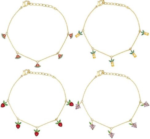 Fruit Charm Bracelet for Women, 18K Gold Plated or Silver, Adjustable Chain with CZ Crystal Strawberry, Pineapple, Watermelon, Mixed Fruit Charms in Saudi Arabia