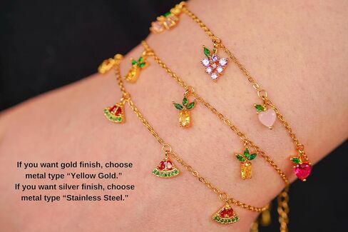 Fruit Charm Bracelet for Women, 18K Gold Plated or Silver, Adjustable Chain with CZ Crystal Strawberry, Pineapple, Watermelon, Mixed Fruit Charms in Saudi Arabia