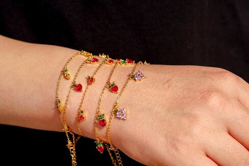 Fruit Charm Bracelet for Women, 18K Gold Plated or Silver, Adjustable Chain with CZ Crystal Strawberry, Pineapple, Watermelon, Mixed Fruit Charms in Saudi Arabia