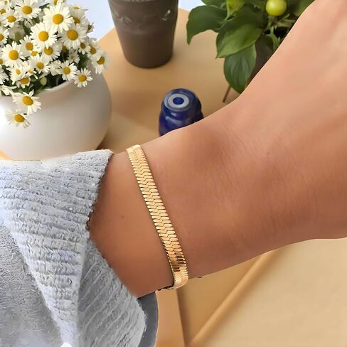 18K Gold Over Herringbone Bracelet Anklet for Women, 18k Gold PVD Coating Yellow Herringbone Ankle Bracelet - Everyday Wear Non-Tarnish, Waterproof Sweatproof Dainty Bracelet for Men Women in Kuwait