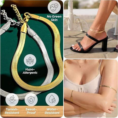 18K Gold Over Herringbone Bracelet Anklet for Women, 18k Gold PVD Coating Yellow Herringbone Ankle Bracelet - Everyday Wear Non-Tarnish, Waterproof Sweatproof Dainty Bracelet for Men Women in Kuwait