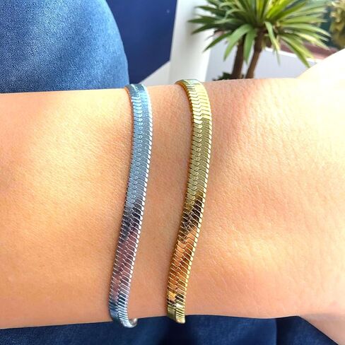 18K Gold Over Herringbone Bracelet Anklet for Women, 18k Gold PVD Coating Yellow Herringbone Ankle Bracelet - Everyday Wear Non-Tarnish, Waterproof Sweatproof Dainty Bracelet for Men Women in Kuwait