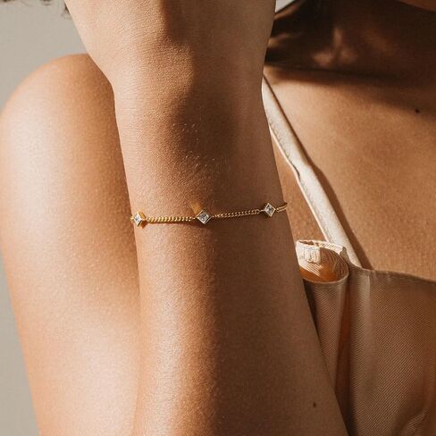 CAITLYNMINIMALIST 18K Gold Plated Sterling Silver CZ Diamond Lily Multi Charm Mini Dainty Cluster Station Bracelet for Women in Saudi Arabia