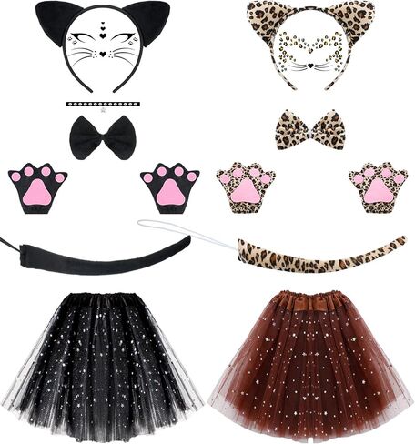 Eurzom 2 Set Cat Costume Set for Kids Include Cat Ear Headband Tutu Skirt Bowtie Paw Gloves Tail Girl Cosplay for Halloween in Saudi Arabia