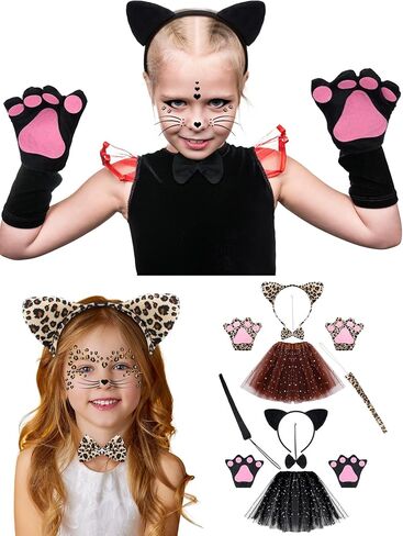 Eurzom 2 Set Cat Costume Set for Kids Include Cat Ear Headband Tutu Skirt Bowtie Paw Gloves Tail Girl Cosplay for Halloween in Saudi Arabia