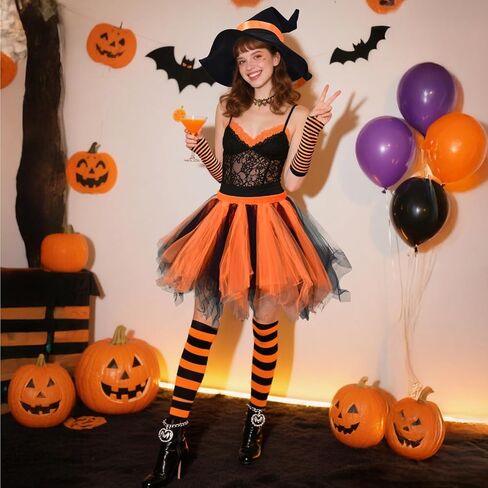 Vegove 5Pcs Halloween Witch Costume, Women Pumpkin Outfit - Wicked Hat Choker Tutu Skirt & Striped Gloves Socks in Kuwait
