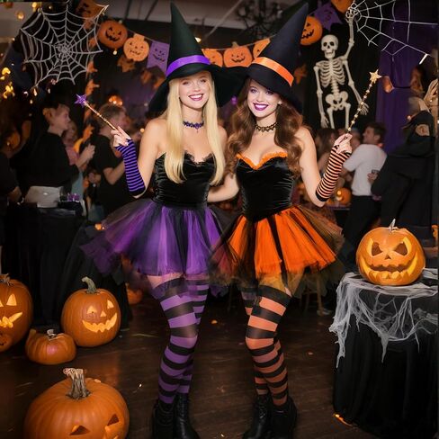 Vegove 5Pcs Halloween Witch Costume, Women Pumpkin Outfit - Wicked Hat Choker Tutu Skirt & Striped Gloves Socks in Kuwait