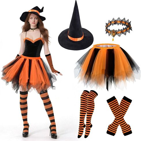 Vegove 5Pcs Halloween Witch Costume, Women Pumpkin Outfit - Wicked Hat Choker Tutu Skirt & Striped Gloves Socks in Kuwait