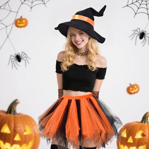 Vegove 5Pcs Halloween Witch Costume, Women Pumpkin Outfit - Wicked Hat Choker Tutu Skirt & Striped Gloves Socks in Kuwait