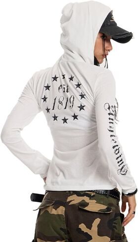 Women's Y2K Vintage Gothic Letter Graphic Slim Fit Long Sleeve Lightweight Sheer Mesh Hoodie T Shirt in Saudi Arabia