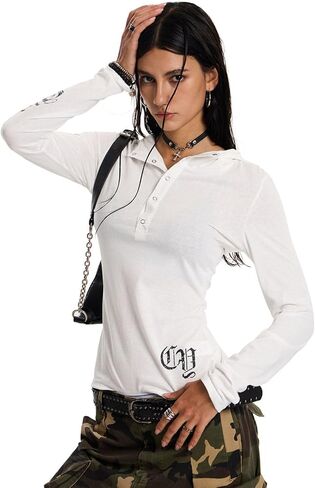 Women's Y2K Vintage Gothic Letter Graphic Slim Fit Long Sleeve Lightweight Sheer Mesh Hoodie T Shirt in Saudi Arabia