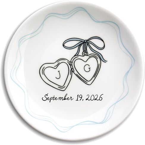 Personalized Ceramic Ring Dish with Heart Locket, Engagement or Wedding Gift for Couple, Bride and Groom Jewelry Holder with Initials and Date, 4" Ring Plate,100% Original and Handmade in Saudi Arabia