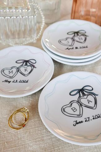 Personalized Ceramic Ring Dish with Heart Locket, Engagement or Wedding Gift for Couple, Bride and Groom Jewelry Holder with Initials and Date, 4" Ring Plate,100% Original and Handmade in Saudi Arabia