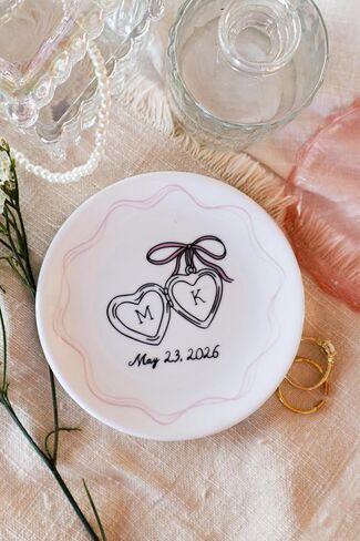 Personalized Ceramic Ring Dish with Heart Locket, Engagement or Wedding Gift for Couple, Bride and Groom Jewelry Holder with Initials and Date, 4" Ring Plate,100% Original and Handmade in Saudi Arabia