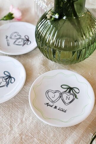 Personalized Ceramic Ring Dish with Heart Locket, Engagement or Wedding Gift for Couple, Bride and Groom Jewelry Holder with Initials and Date, 4" Ring Plate,100% Original and Handmade in Saudi Arabia