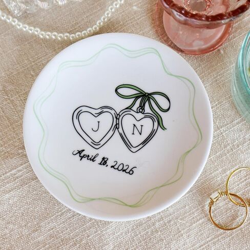 Personalized Ceramic Ring Dish with Heart Locket, Engagement or Wedding Gift for Couple, Bride and Groom Jewelry Holder with Initials and Date, 4" Ring Plate,100% Original and Handmade in Saudi Arabia