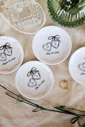 Personalized Ceramic Ring Dish with Heart Locket, Engagement or Wedding Gift for Couple, Bride and Groom Jewelry Holder with Initials and Date, 4" Ring Plate,100% Original and Handmade in Saudi Arabia