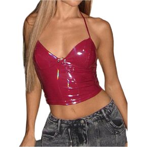 WDIRARA Women's PU Leather Halter Top V Neck Sleeveless Cami Y2k Crop Tops in Saudi Arabia