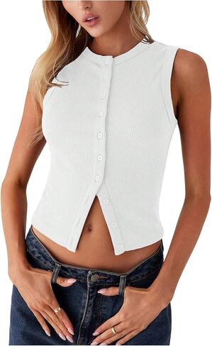 Milumia Women's Button Down Ribbed Knit Tank Top Crewneck Sleeveless Fitted Crop Tops in Saudi Arabia