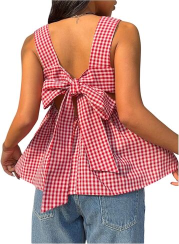 WDIRARA Women's Gingham Plaid Bow Knot Back Tank Top Square Neck Sleeveless Peplum Tops in Saudi Arabia
