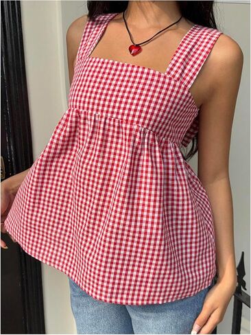 WDIRARA Women's Gingham Plaid Bow Knot Back Tank Top Square Neck Sleeveless Peplum Tops in Saudi Arabia