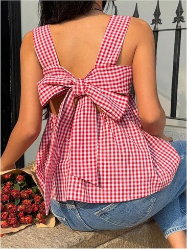 WDIRARA Women's Gingham Plaid Bow Knot Back Tank Top Square Neck Sleeveless Peplum Tops in Saudi Arabia