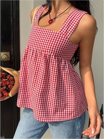 WDIRARA Women's Gingham Plaid Bow Knot Back Tank Top Square Neck Sleeveless Peplum Tops in Saudi Arabia